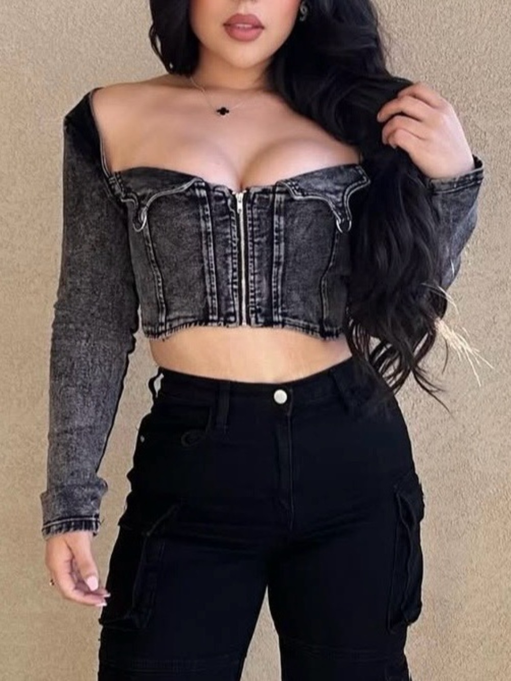 Fashion Nova Washed Black Off-Shoulder Denim Corset Crop Top